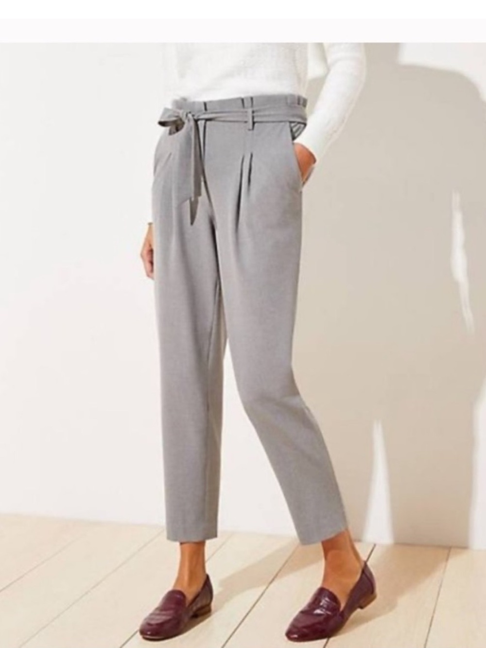 Paper Bag Waist Tie Belt Trousers in Light Grey